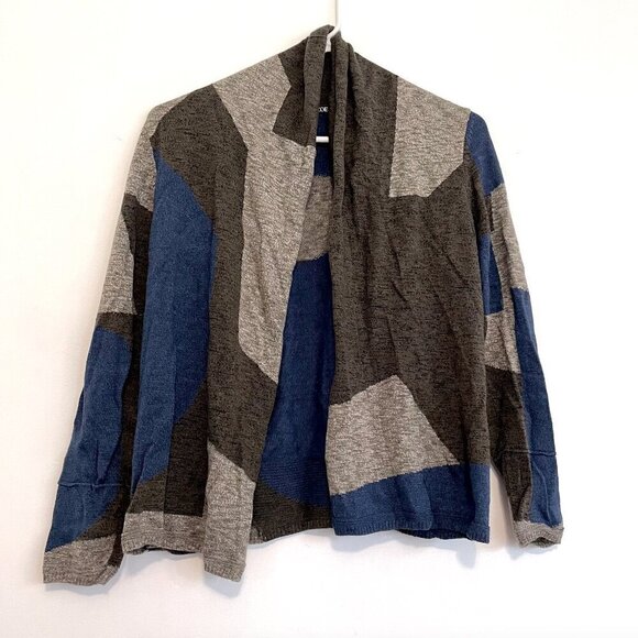 NIC+ZOE Tan Brown ish Blue Colorblock Geo Geometric Open Cardigan PETITE PP / XS - Picture 2 of 15
